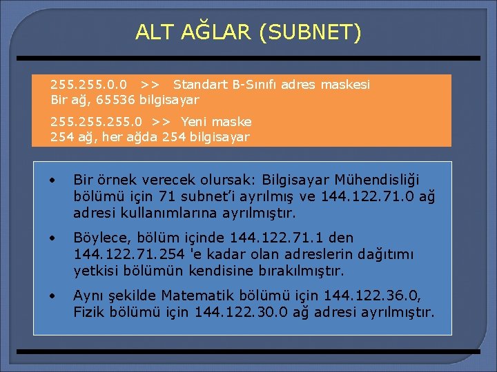 ALT AĞLAR (SUBNET) 255. 0. 0 >> Standart B-Sınıfı adres maskesi Bir ağ, 65536