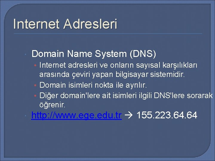 Internet Adresleri Domain Name System (DNS) • Internet adresleri ve onların sayısal karşılıkları arasında