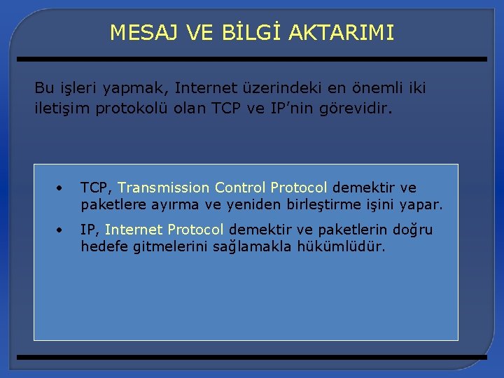 MESAJ VE BİLGİ AKTARIMI Bu işleri yapmak, Internet üzerindeki en önemli iki iletişim protokolü