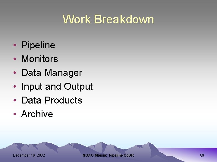 Work Breakdown • • • Pipeline Monitors Data Manager Input and Output Data Products