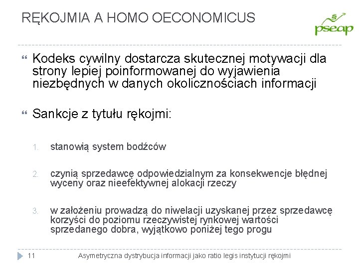 RĘKOJMIA A HOMO OECONOMICUS Kodeks cywilny dostarcza skutecznej motywacji dla strony lepiej poinformowanej do