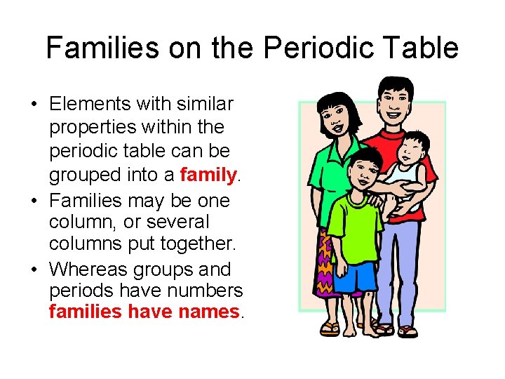 Families on the Periodic Table • Elements with similar properties within the periodic table
