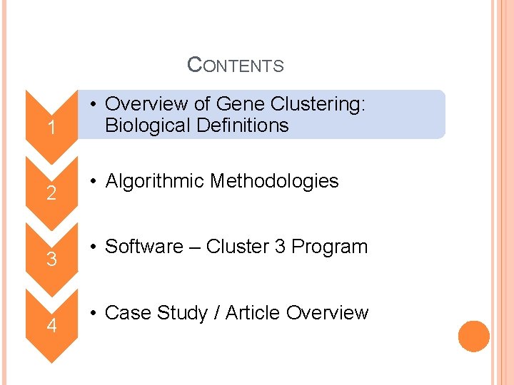 CONTENTS 1 2 3 4 • Overview of Gene Clustering: Biological Definitions • Algorithmic