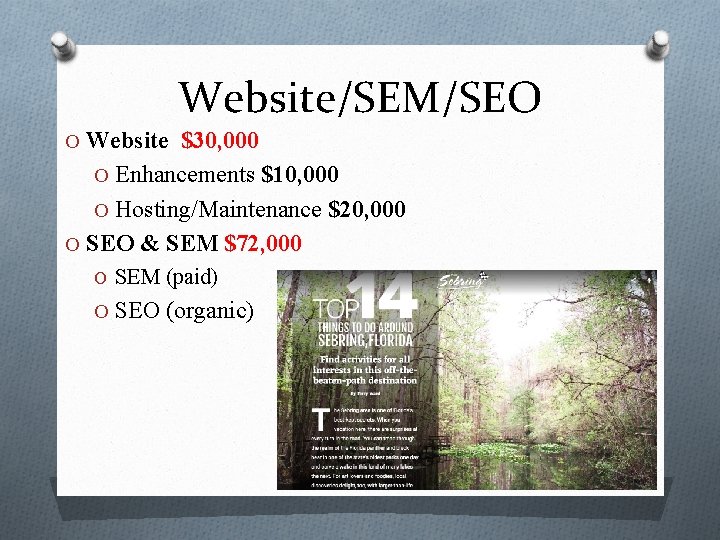 Website/SEM/SEO O Website $30, 000 O Enhancements $10, 000 O Hosting/Maintenance $20, 000 O