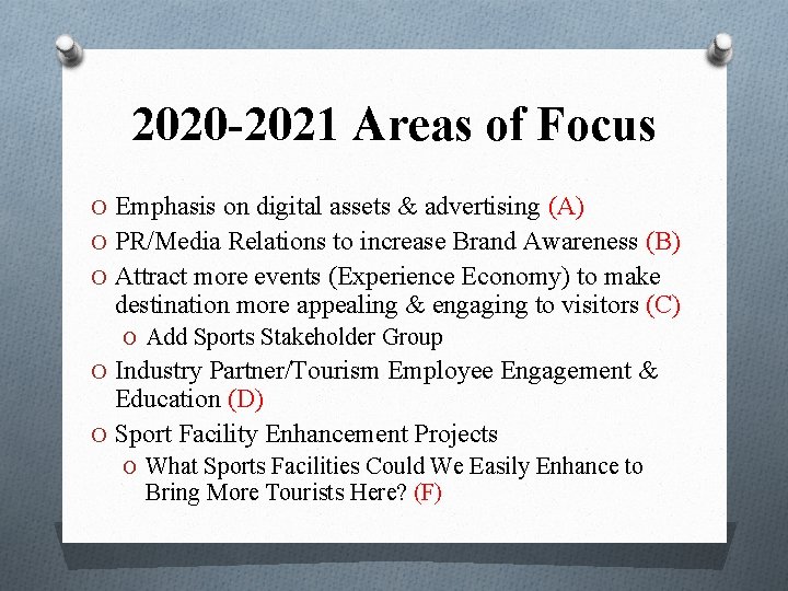 2020 -2021 Areas of Focus O Emphasis on digital assets & advertising (A) O