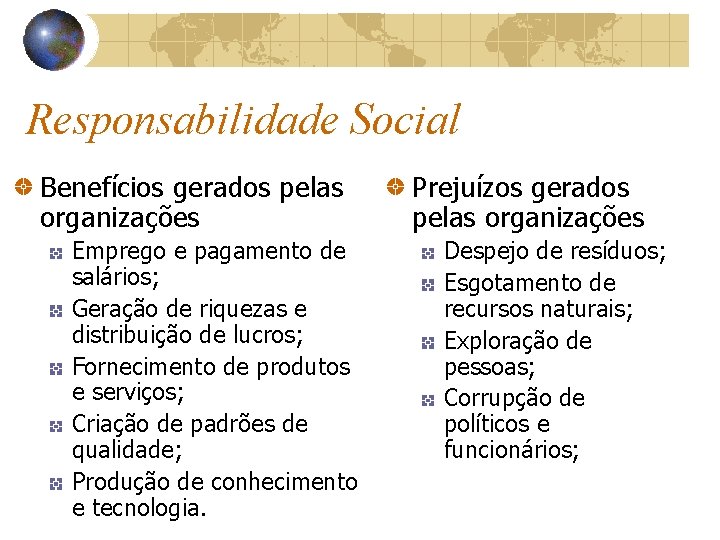 Responsabilidade Social Benefícios gerados pelas organizações Emprego e pagamento de salários; Geração de riquezas