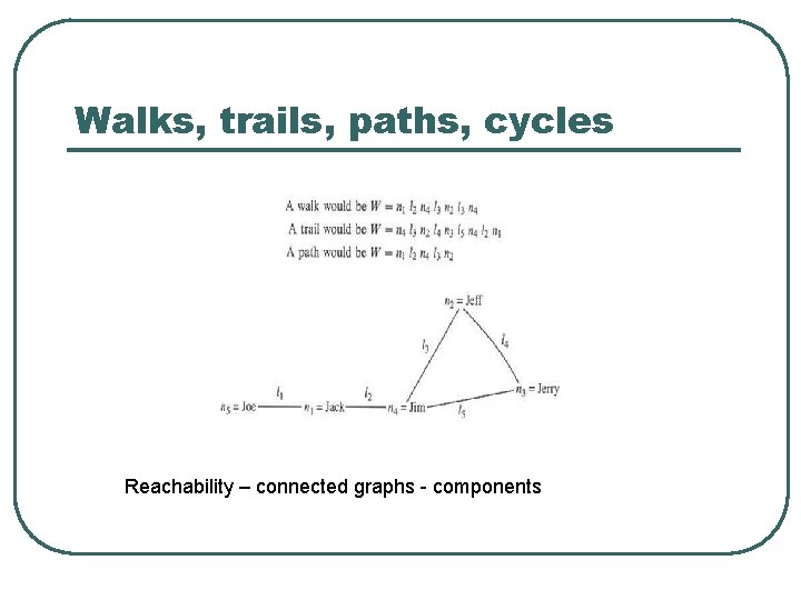 Walks, trails, paths, cycles Reachability – connected graphs - components 