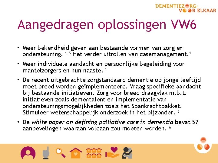 Aangedragen oplossingen VW 6 • Meer bekendheid geven aan bestaande vormen van zorg en