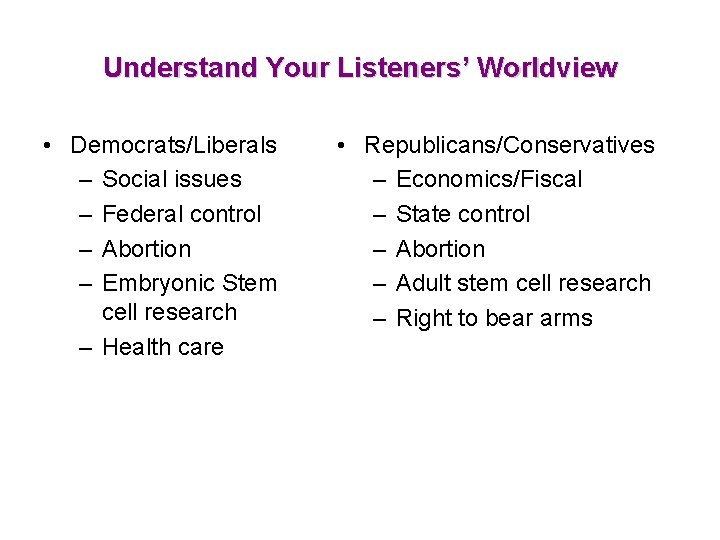 Understand Your Listeners’ Worldview • Democrats/Liberals – Social issues – Federal control – Abortion