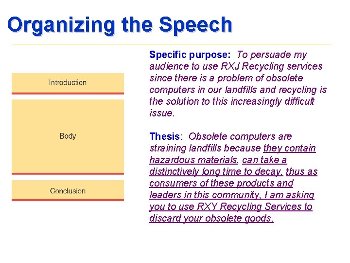 Organizing the Speech Specific purpose: To persuade my audience to use RXJ Recycling services