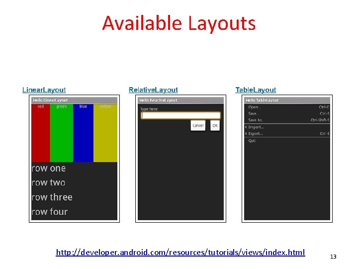 Available Layouts http: //developer. android. com/resources/tutorials/views/index. html 13 