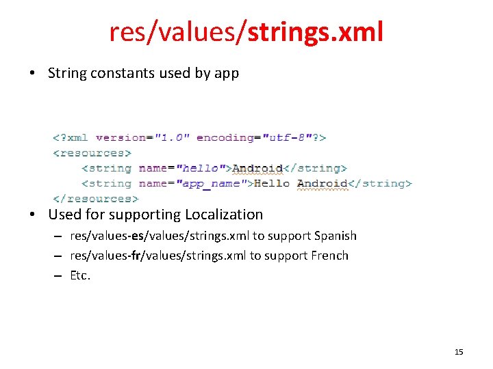 res/values/strings. xml • String constants used by app • Used for supporting Localization –