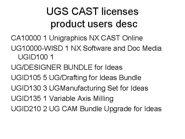 UGS CAST licenses product users desc CA 10000 1 Unigraphics NX CAST Online UG