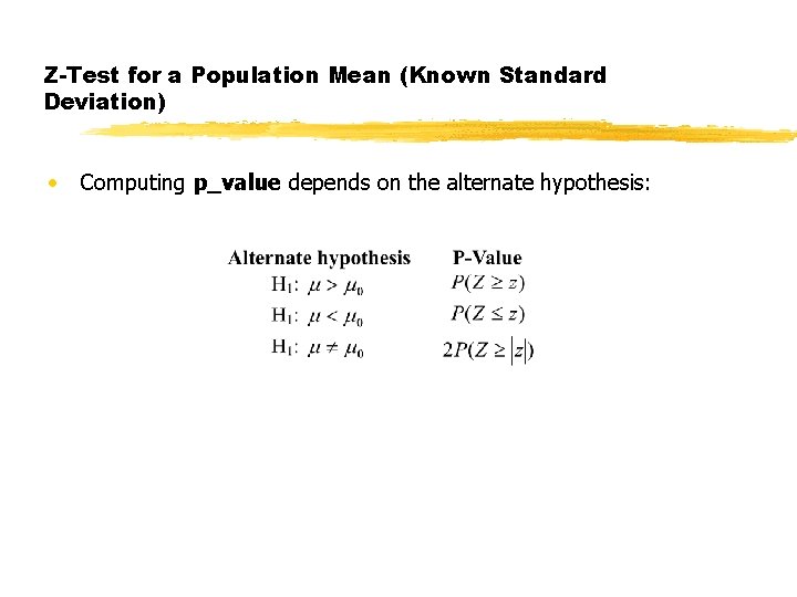 Z-Test for a Population Mean (Known Standard Deviation) • Computing p_value depends on the