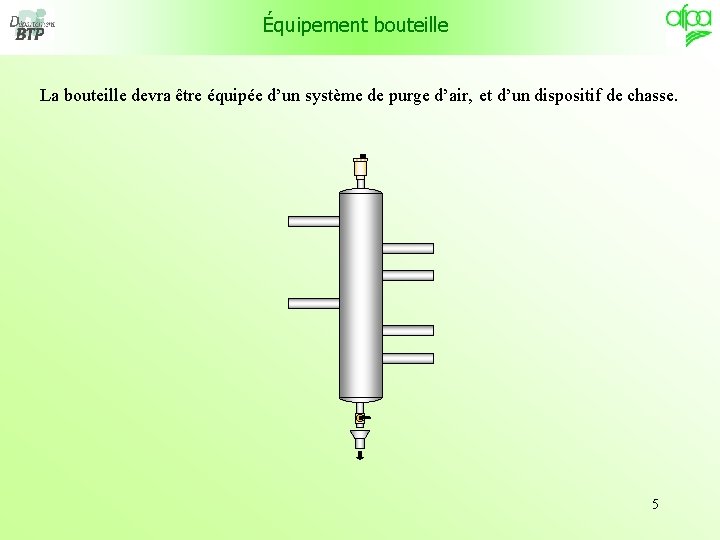 Équipement bouteille La bouteille devra être équipée d’un système de purge d’air, et d’un