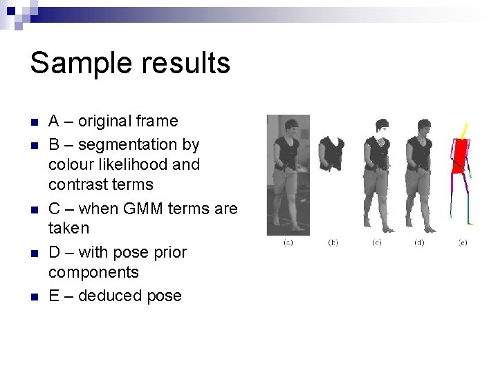 Sample results n n n A – original frame B – segmentation by colour