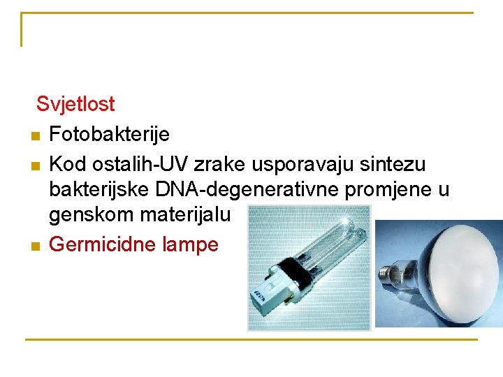 Svjetlost n Fotobakterije n Kod ostalih-UV zrake usporavaju sintezu bakterijske DNA-degenerativne promjene u genskom