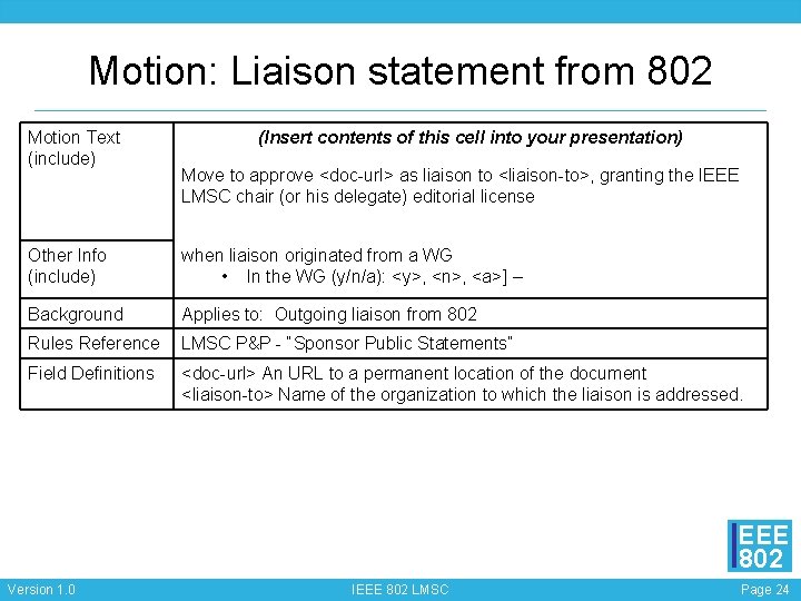 Motion: Liaison statement from 802 Motion Text (include) (Insert contents of this cell into