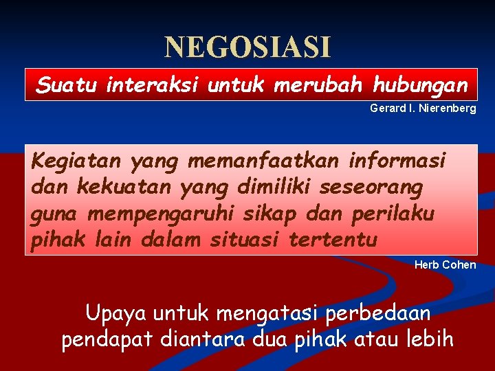 NEGOSIASI Suatu interaksi untuk merubah hubungan Gerard I. Nierenberg Kegiatan yang memanfaatkan informasi dan