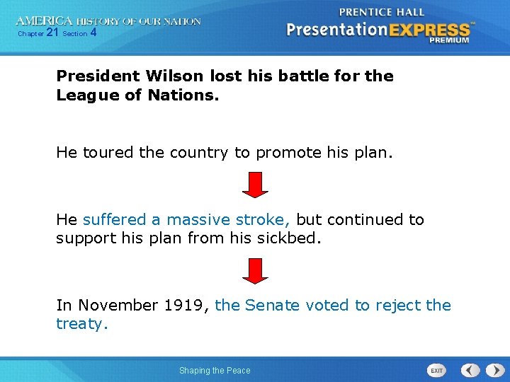 Chapter 21 Section 4 President Wilson lost his battle for the League of Nations.