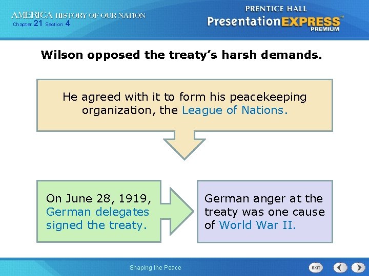 Chapter 21 Section 4 Wilson opposed the treaty’s harsh demands. He agreed with it