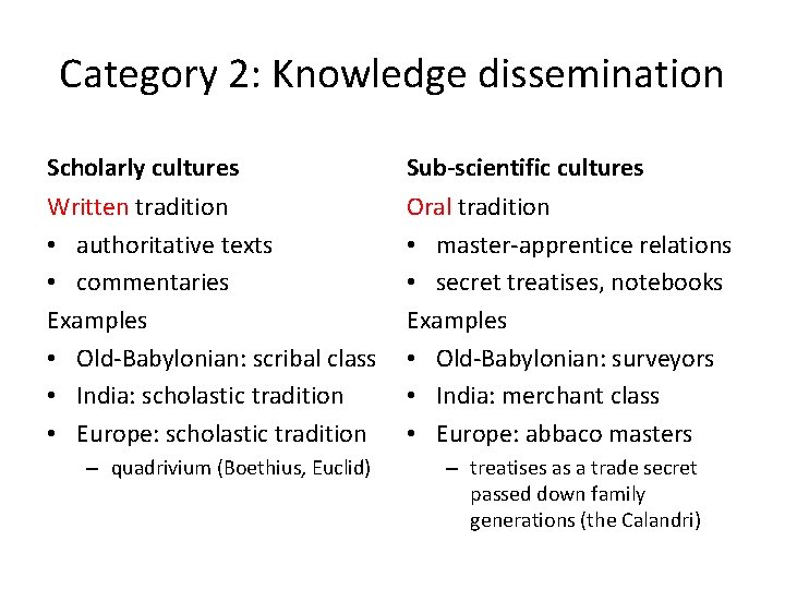 Category 2: Knowledge dissemination Scholarly cultures Written tradition • authoritative texts • commentaries Examples