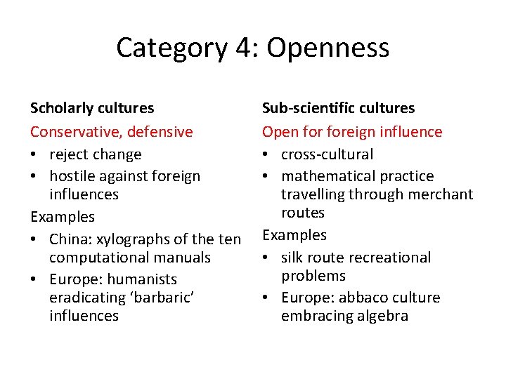 Category 4: Openness Scholarly cultures Conservative, defensive • reject change • hostile against foreign