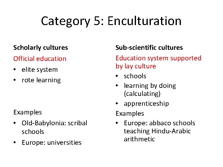 Category 5: Enculturation Scholarly cultures Official education • elite system • rote learning Examples