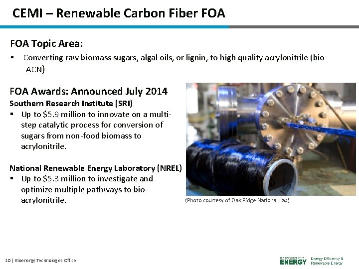 CEMI – Renewable Carbon Fiber FOA Topic Area: § Converting raw biomass sugars, algal