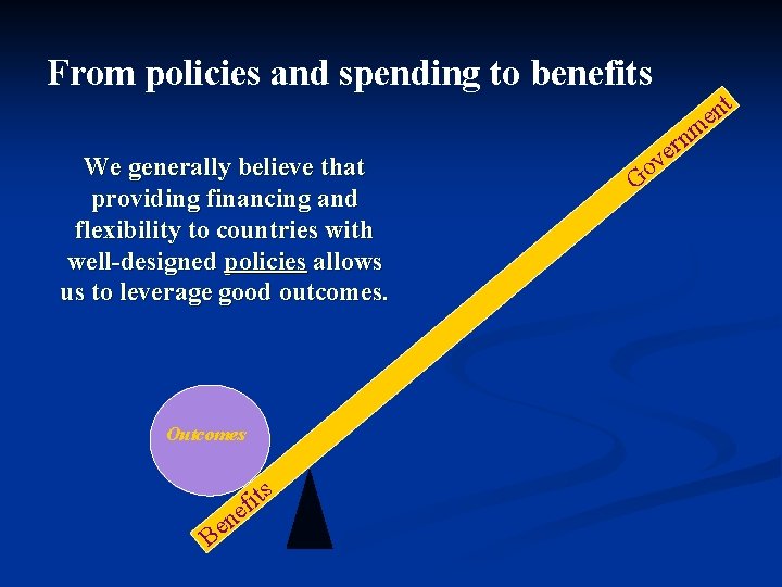 From policies and spending to benefits m t n e We generally believe that