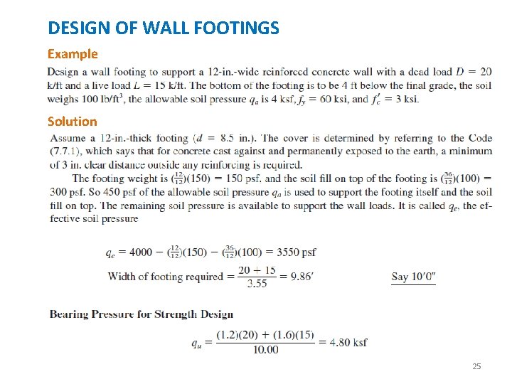 DESIGN OF WALL FOOTINGS Example Solution 25 