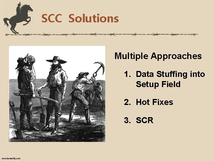 SCC Solutions Multiple Approaches 1. Data Stuffing into Setup Field 2. Hot Fixes 3.