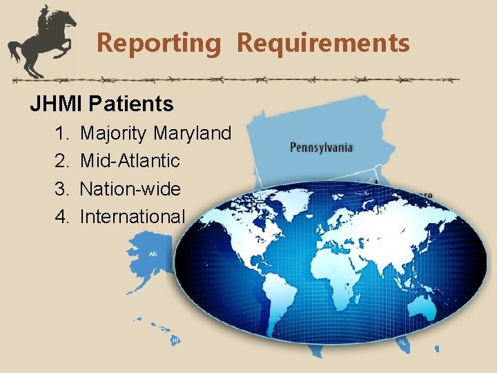 Reporting Requirements JHMI Patients 1. 2. 3. 4. Majority Maryland Mid-Atlantic Nation-wide International 