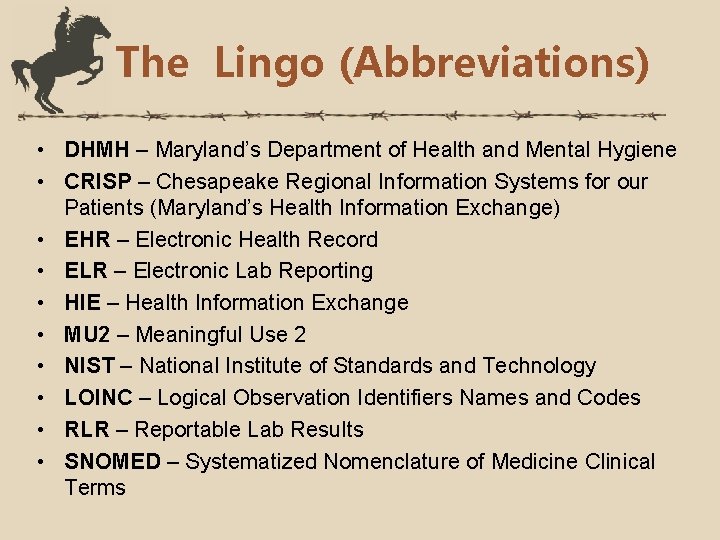 The Lingo (Abbreviations) • DHMH – Maryland’s Department of Health and Mental Hygiene •