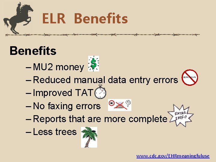 ELR Benefits – MU 2 money – Reduced manual data entry errors – Improved