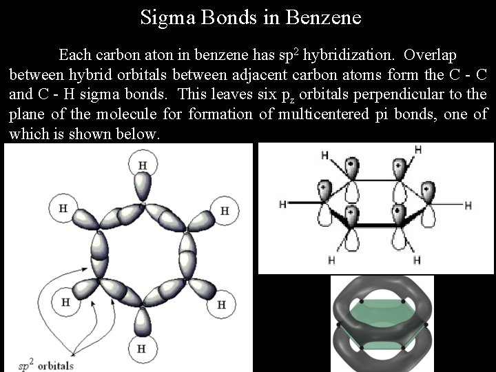 Sigma Bonds in Benzene Each carbon aton in benzene has sp 2 hybridization. Overlap