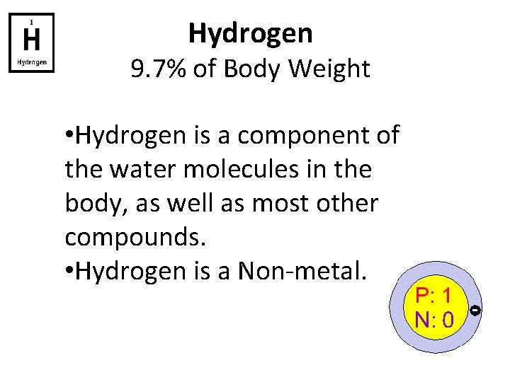 Hydrogen 9. 7% of Body Weight • Hydrogen is a component of the water