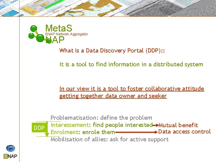 Meta. S NAP SNAP Network Aggregator What is a Data Discovery Portal (DDP): : Meta. S NAP SNAP Network Aggregator What is a Data Discovery Portal (DDP): :
