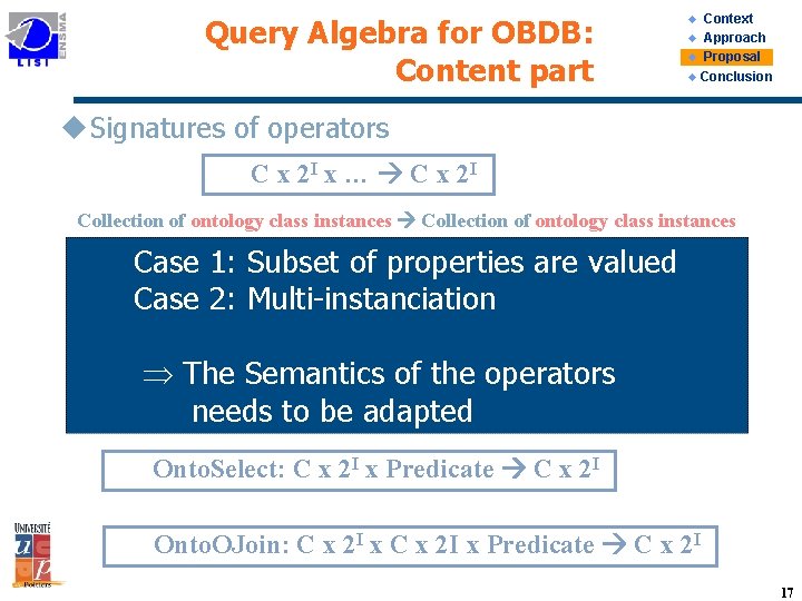 Query Algebra for OBDB: Content part Context u Approach u Proposal u Conclusion u