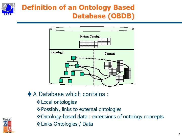 Definition of an Ontology Based Database (OBDB) System Catalog Ontology Content t A Database