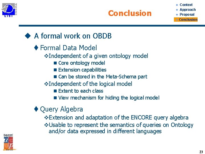 Context u Approach u Proposal u Conclusion u A formal work on OBDB t