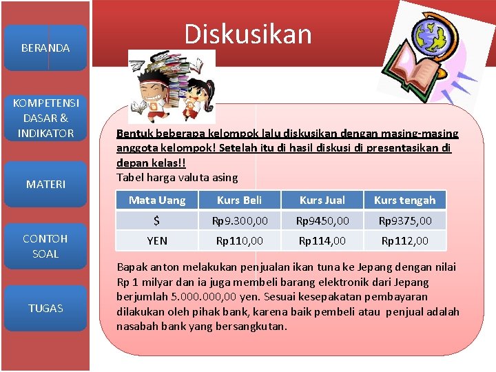 Diskusikan BERANDA KOMPETENSI DASAR & INDIKATOR MATERI CONTOH SOAL TUGAS Bentuk beberapa kelompok lalu