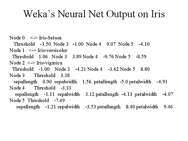 Weka’s Neural Net Output on Iris Node 0 <-> Iris-Setosa Threshold -3. 50 Node