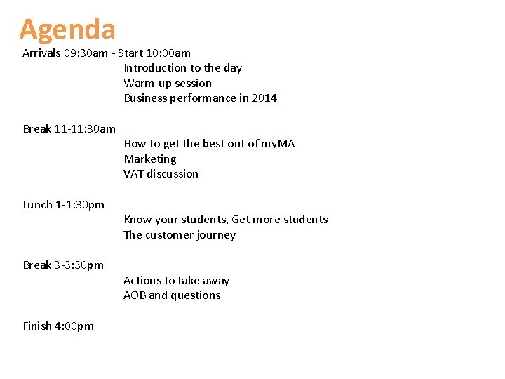 Agenda Arrivals 09: 30 am - Start 10: 00 am Introduction to the day