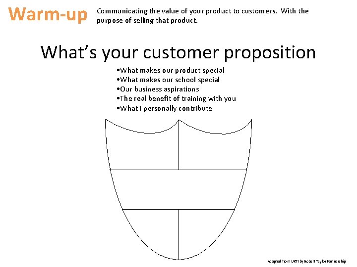 Warm-up Communicating the value of your product to customers. With the purpose of selling