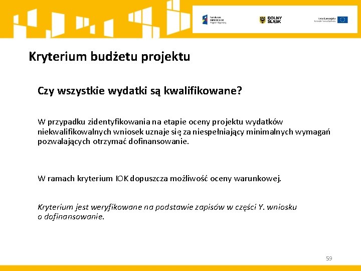 Kryterium budżetu projektu Czy wszystkie wydatki są kwalifikowane? W przypadku zidentyfikowania na etapie oceny