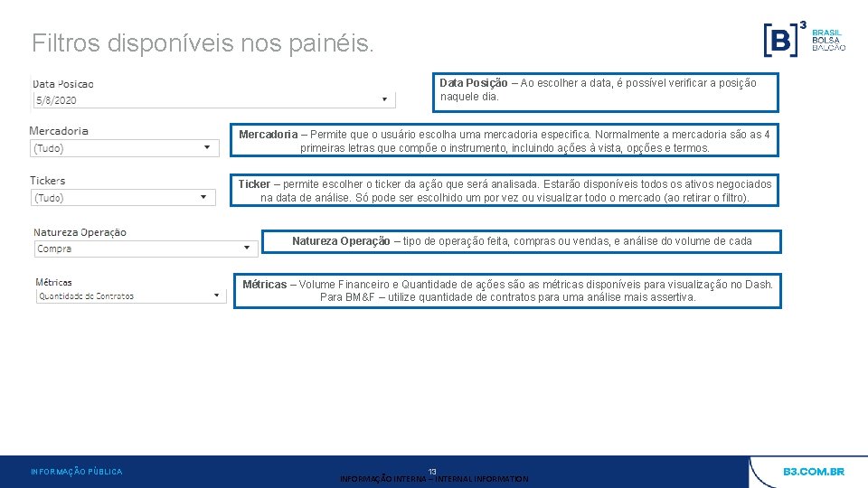 Filtros disponíveis nos painéis. Data Posição – Ao escolher a data, é possível verificar