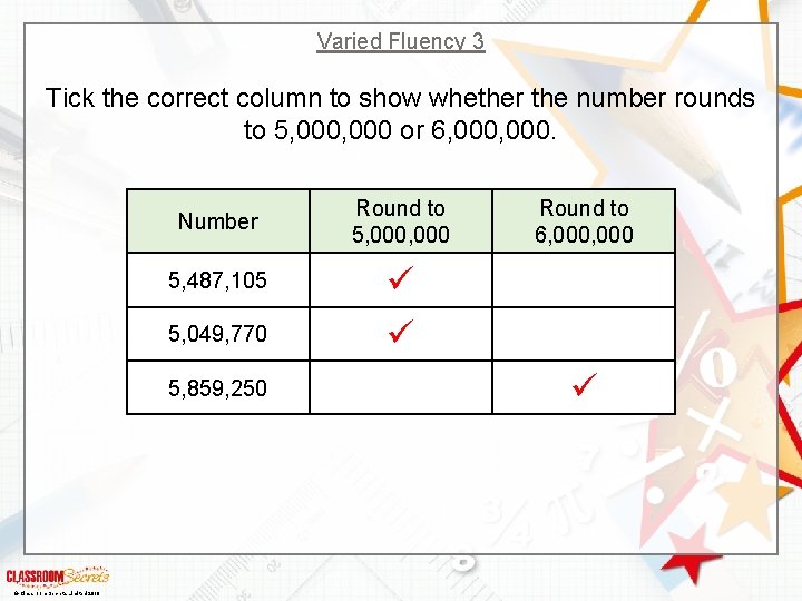 Varied Fluency 3 Tick the correct column to show whether the number rounds to