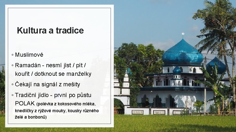 Kultura a tradice ◦ Muslimové ◦ Ramadán - nesmí jíst / pít / kouřit