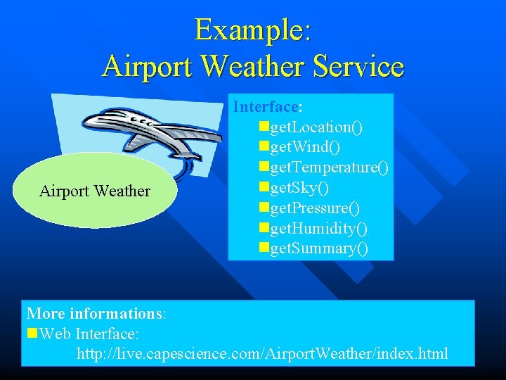 Example: Airport Weather Service Airport Weather Interface: nget. Location() nget. Wind() nget. Temperature() nget.